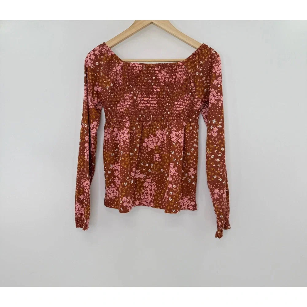 Children's Place Girls Brown Floral Smocked Square Neck Long Slv‎ Peasant Top XL